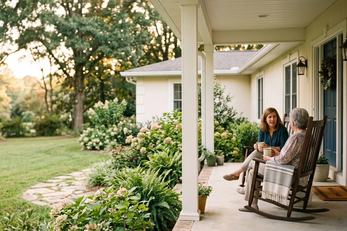 A daughter and her mother talking over coffee on a front porch, hydrangeas along the walk